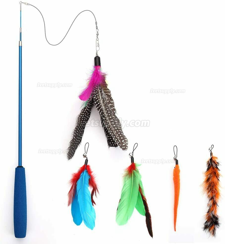 Feather Teaser Cat Toy Retractable Cat Feather Toy Wand with 5 Assorted Teaser